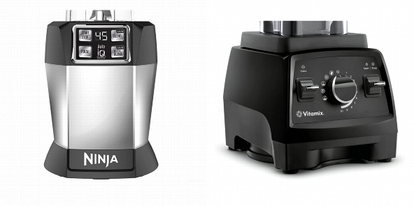 Side by side comparison of Ninja BL480D and Vitamix Professional Series 750 control panels.