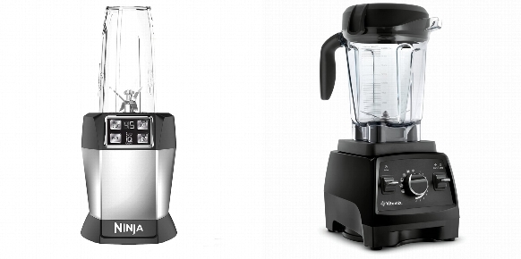Side by side comparison of Ninja BL480D and Vitamix Professional Series 750 blenders.