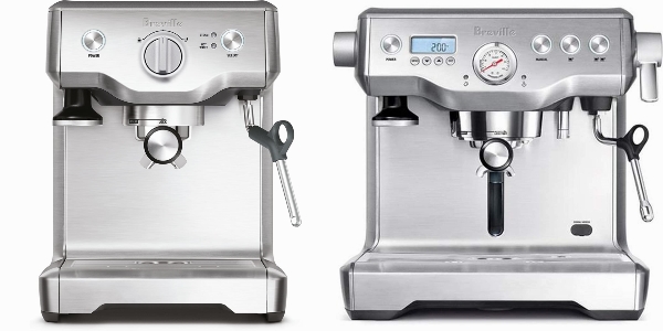 Side by side comparison of Breville Duo Temp Pro and Breville Dual Boiler BES920XL espresso machines.