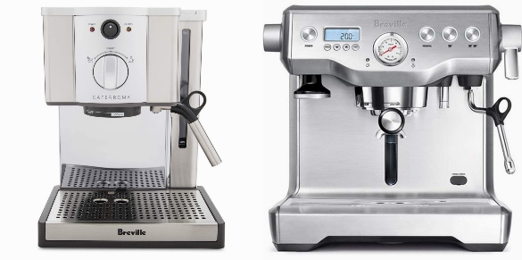 Side by side comparison of Breville ESP8XL Cafe Roma and Breville Dual Boiler BES920XL espresso machines.