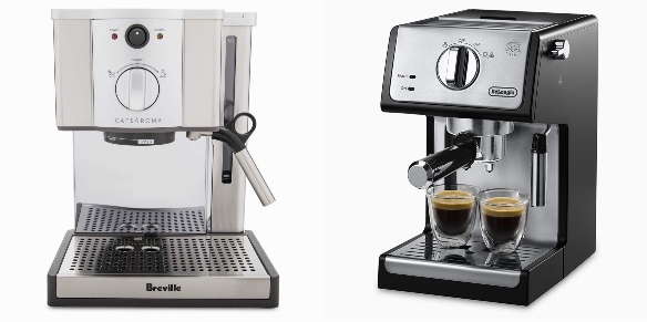 Side by side comparison of Breville ESP8XL Cafe Roma and DeLonghi ECP3420 espresso machines.